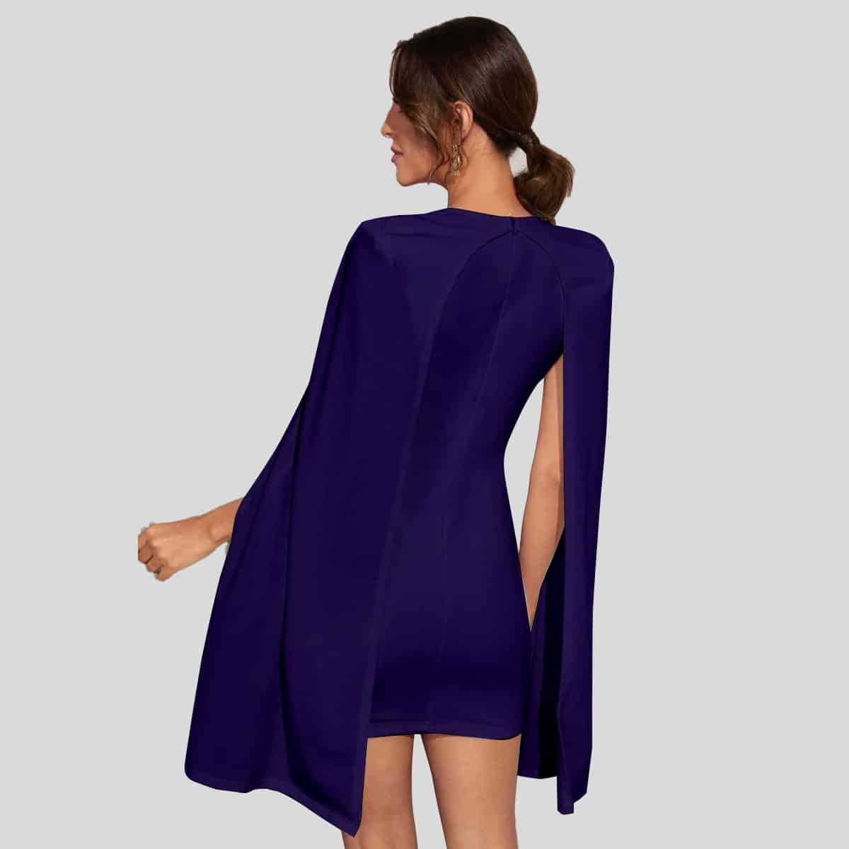 Blue Plunging Solid Cape Dress-RED061A
