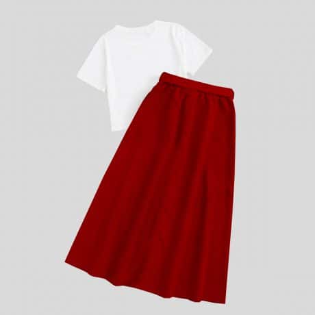 White and Maroon Tee with Floral Print & Tie Skirt-RCB001