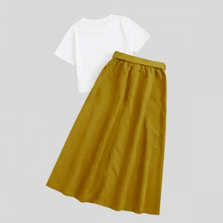 White and Golden Yellow Tee with Floral Print & Tie Skirt-RCB002