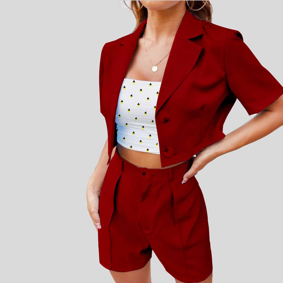 Maroon Lapel Collar Blouse With Shorts-RCB003