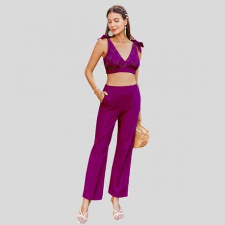 Jam Purple One Shoulder Crop Top & Palazzo Belted Pants Set-RCB010