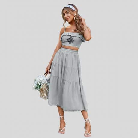 Grey Cami Top & Flounce Hem Skirt Set-RCB012