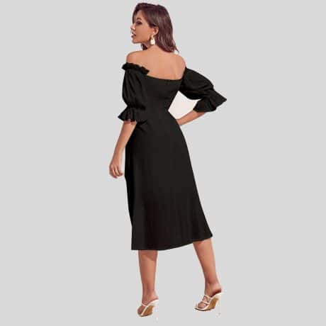 Black Off Shoulder Puff Sleeve Solid Dress-RCD025