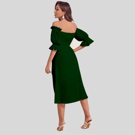 Dark Green Off Shoulder Puff Sleeve Solid Dress-RCD026
