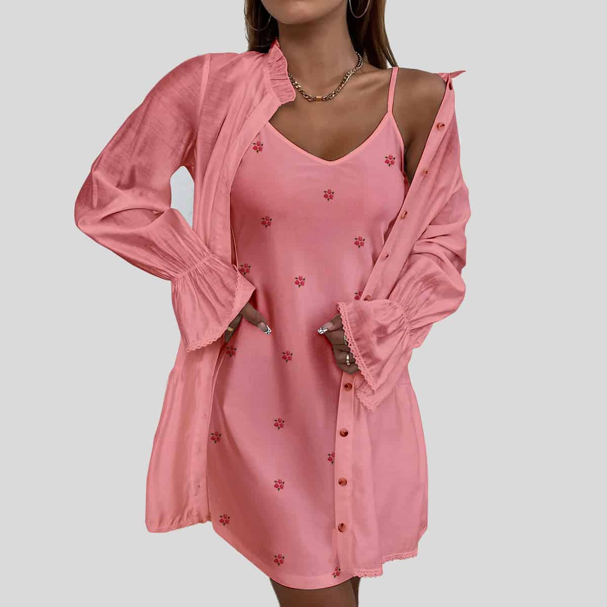 Baby Pink Frill Trim Flounce Sleeve Single Breasted Coat & Cami Dress-RCD029