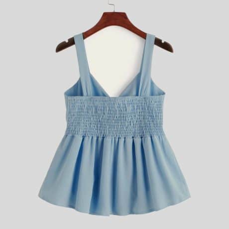 Yale Light Blue Tie Front Shirred Peplum Top-RCT041