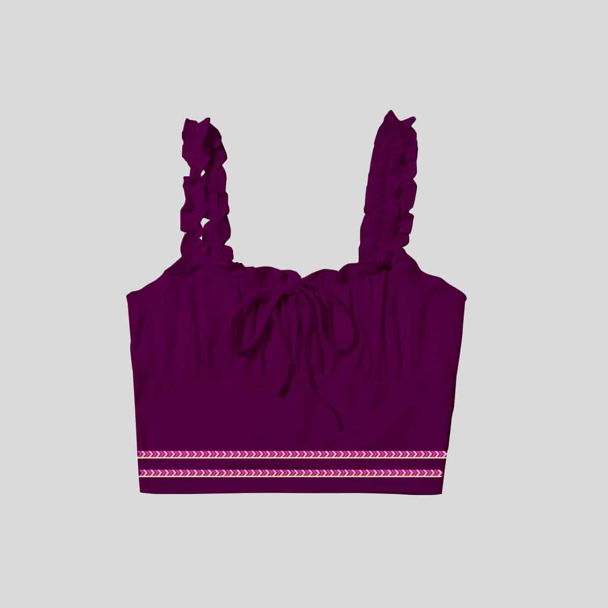 Purple Frilled Strap Tie Front Rucked Bust Crop Top-RCT042