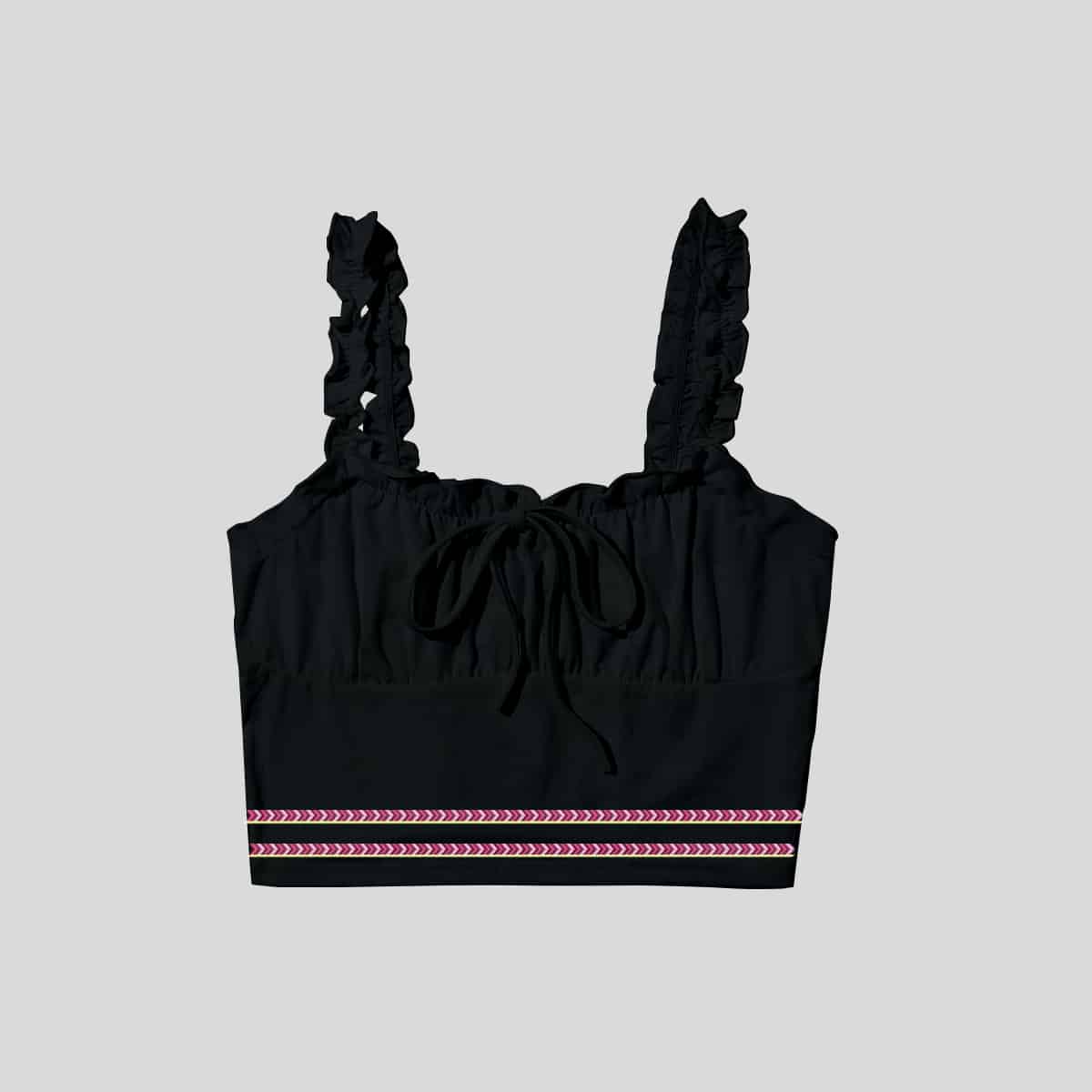 Black Frilled Strap Tie Front Rucked Bust Crop Top-RCT043