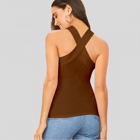 Brown Form-Fitting Crisscross Halter Top-RCT045