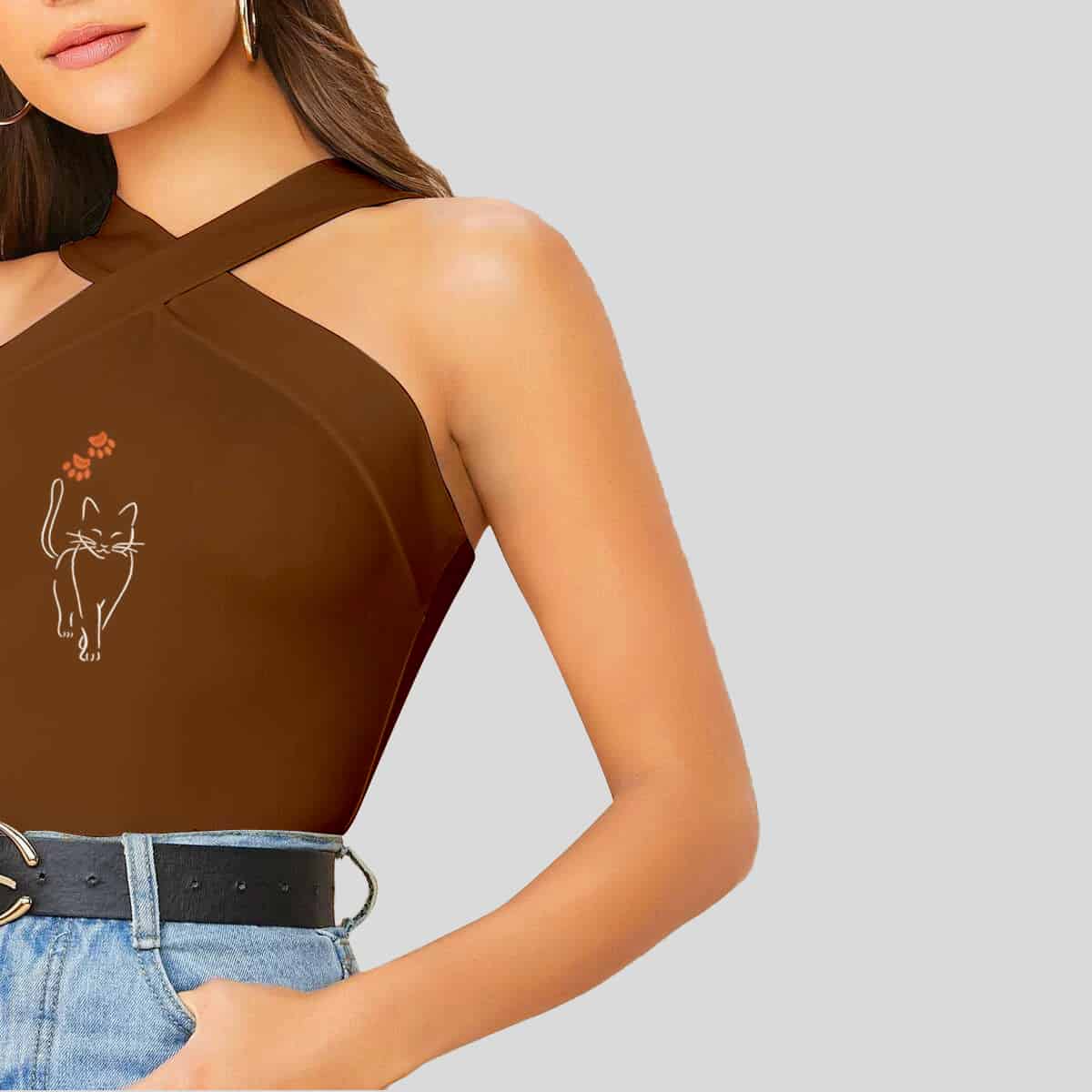 Brown Form-Fitting Crisscross Halter Top-RCT045