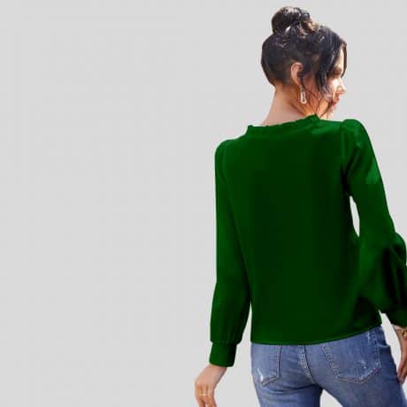 Green V-neck Frill Trim Puff Sleeve Blouse-RCT049