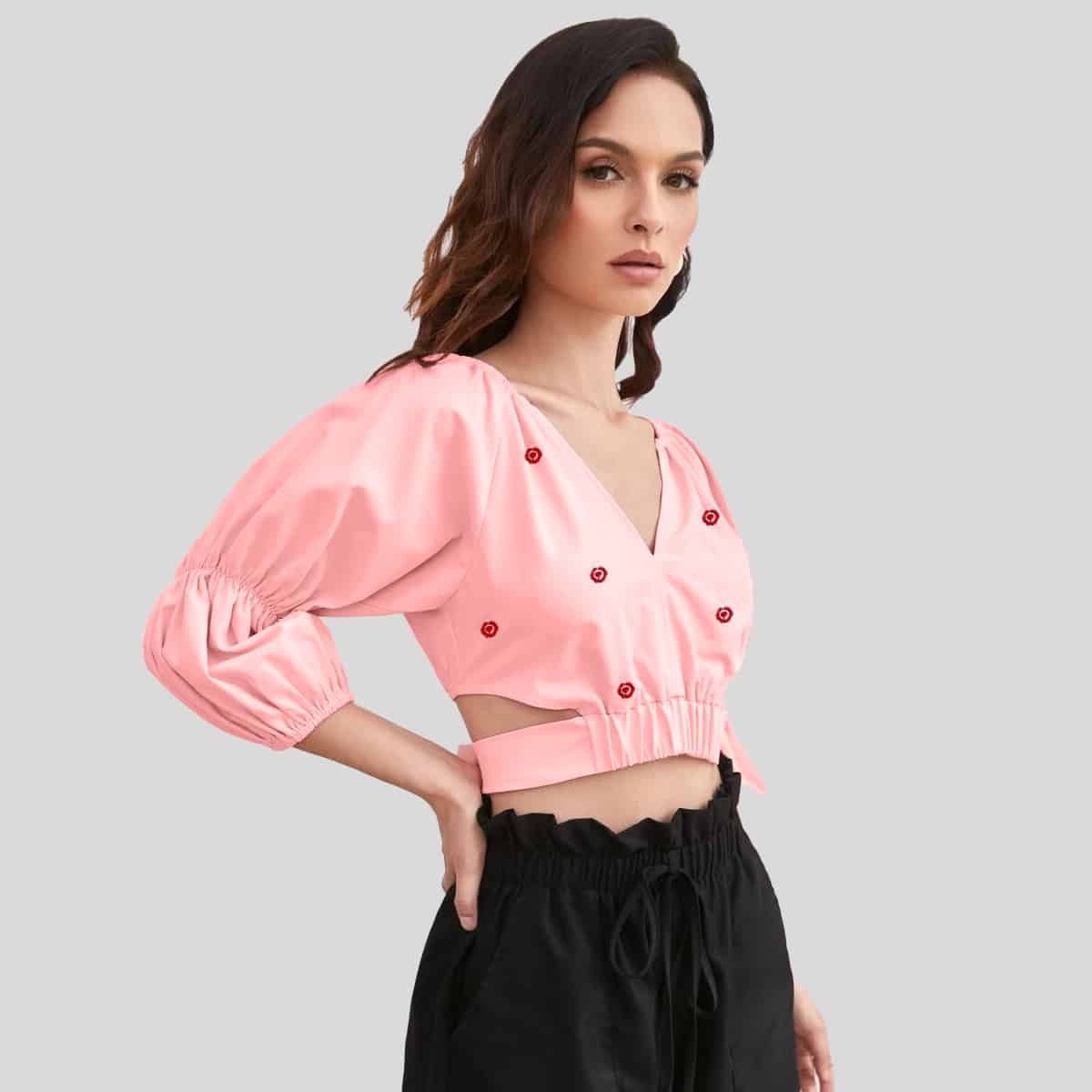 Baby Pink Gather Sleeve Notch Neck Tie Back Crop with Print Top-RCT057