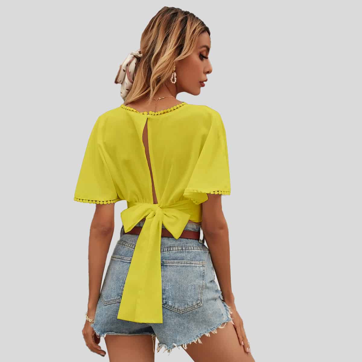 Yellow Tie Back Surplice Front with Floral Detail-RET086A