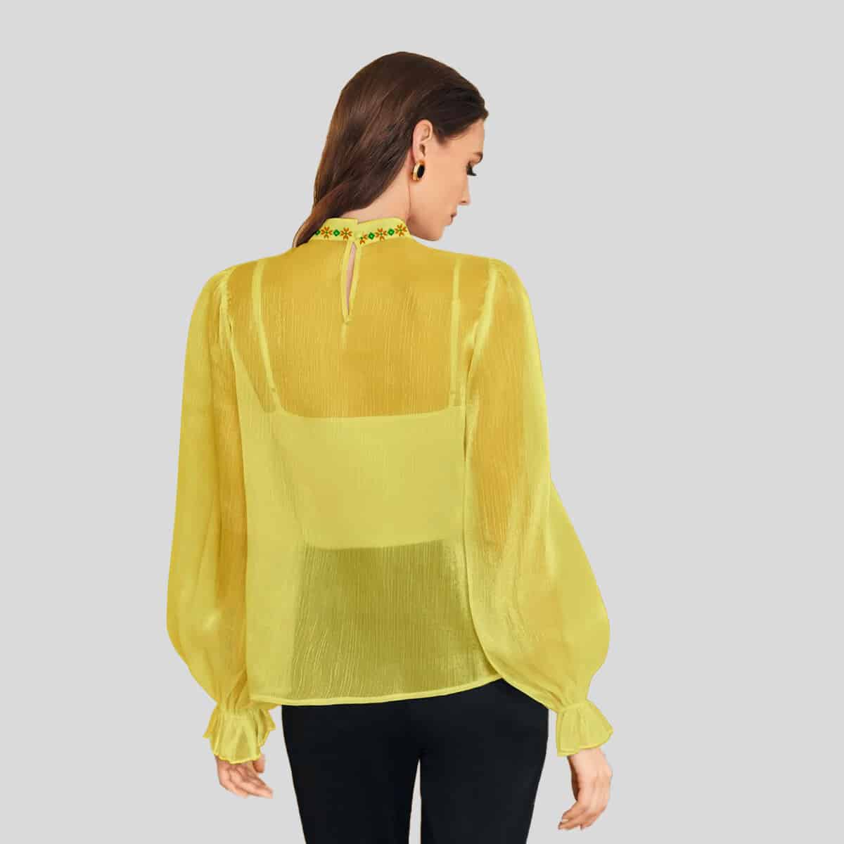 Yellow Pearls Bow Front Flounce Sleeve Blouse Without Cami Top-RET085B