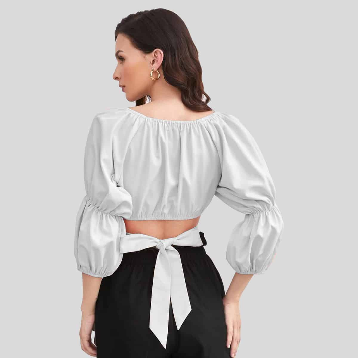 White Gather Sleeve Notch Neck Tie Back Crop with Print Top-RCT056
