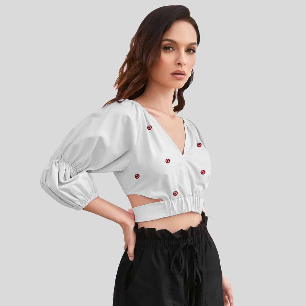 White Gather Sleeve Notch Neck Tie Back Crop with Print Top-RCT056