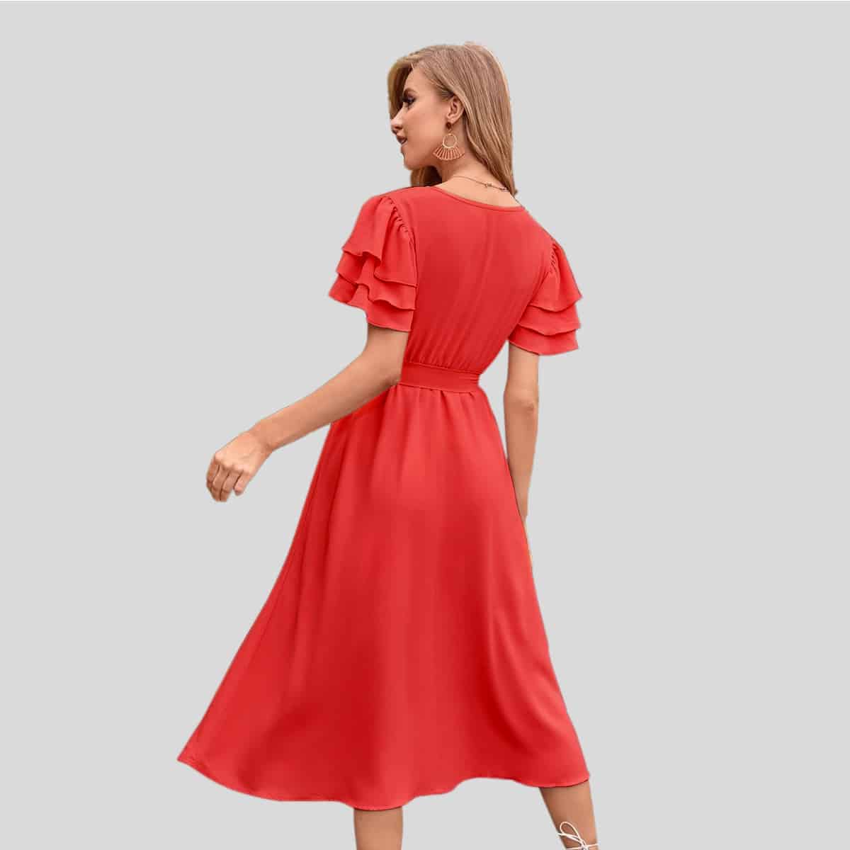 Peach Causal V-neck Layered Sleeve Belted Dress-RCD008