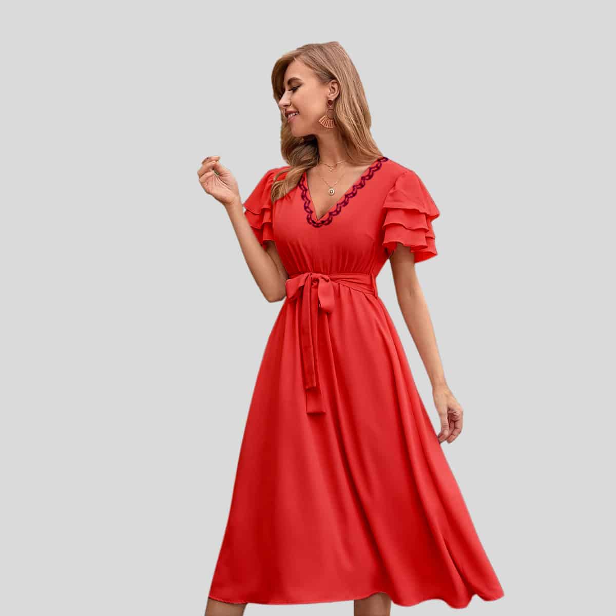 Peach Causal V-neck Layered Sleeve Belted Dress-RCD008