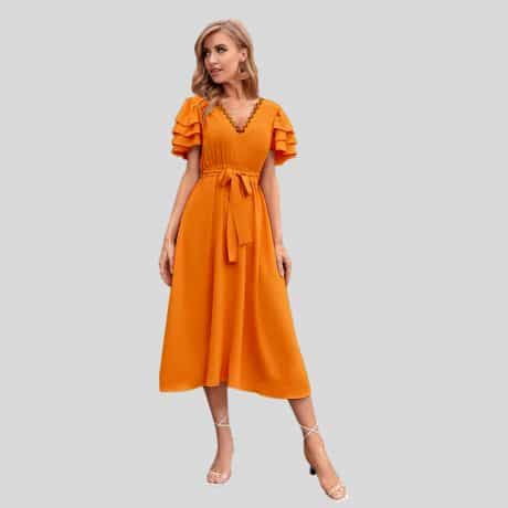 Orange Causal V-neck Layered Sleeve Belted Dress-RCD009