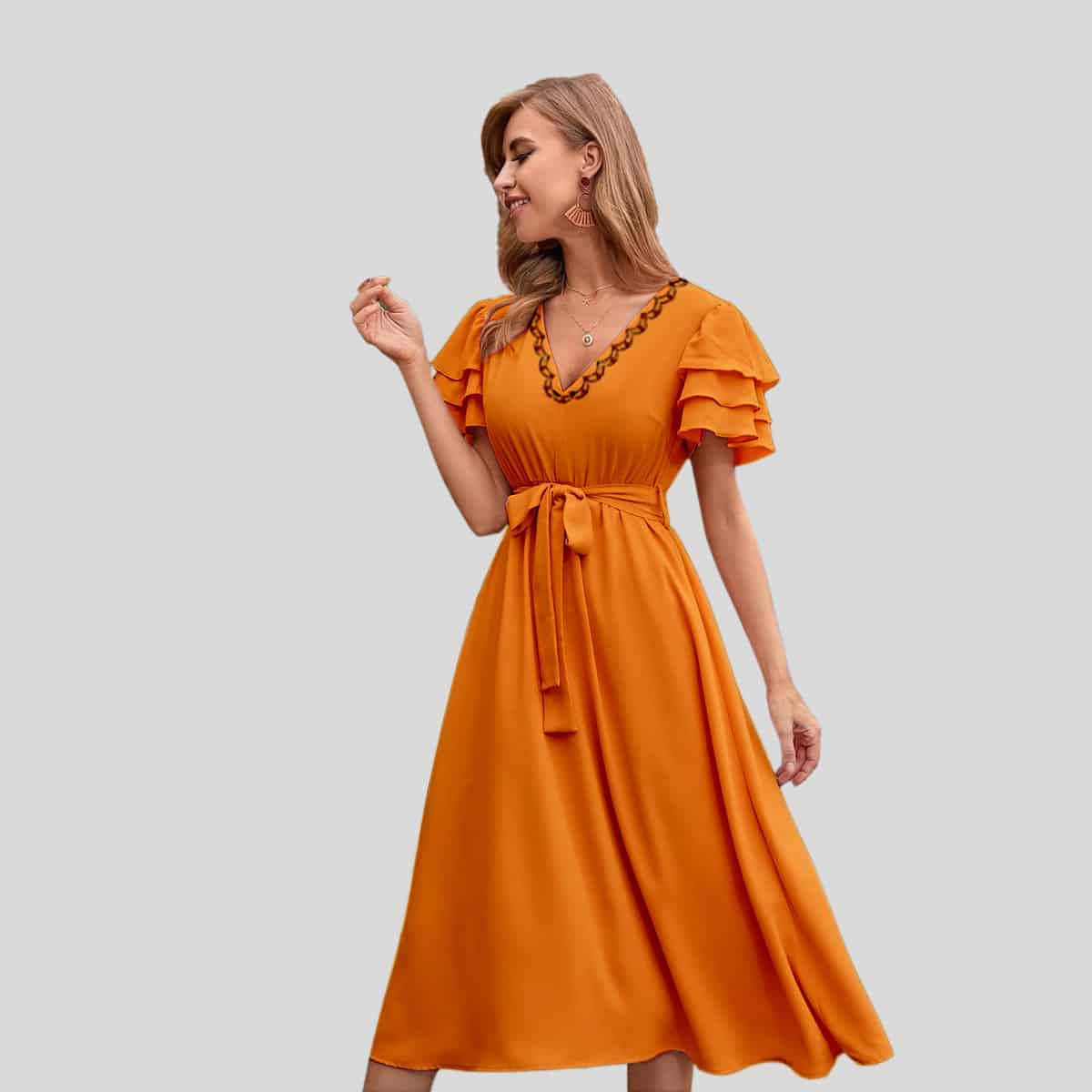 Orange Causal V-neck Layered Sleeve Belted Dress-RCD009