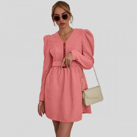 Baby pink Puff Sleeve Belted Corduroy Dress-RCD010