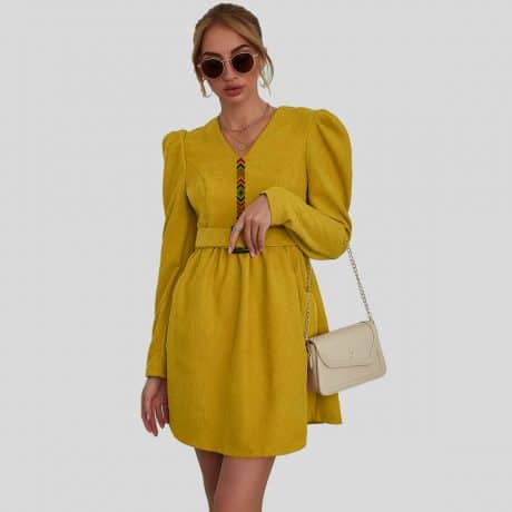 Medallion yellow Puff Sleeve Belted Corduroy Dress-RCD011