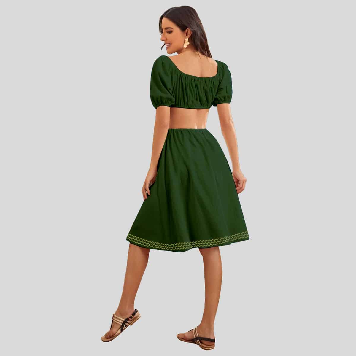 Pine Green Tie Front Puff Sleeve Cut Out Dress-RCD012