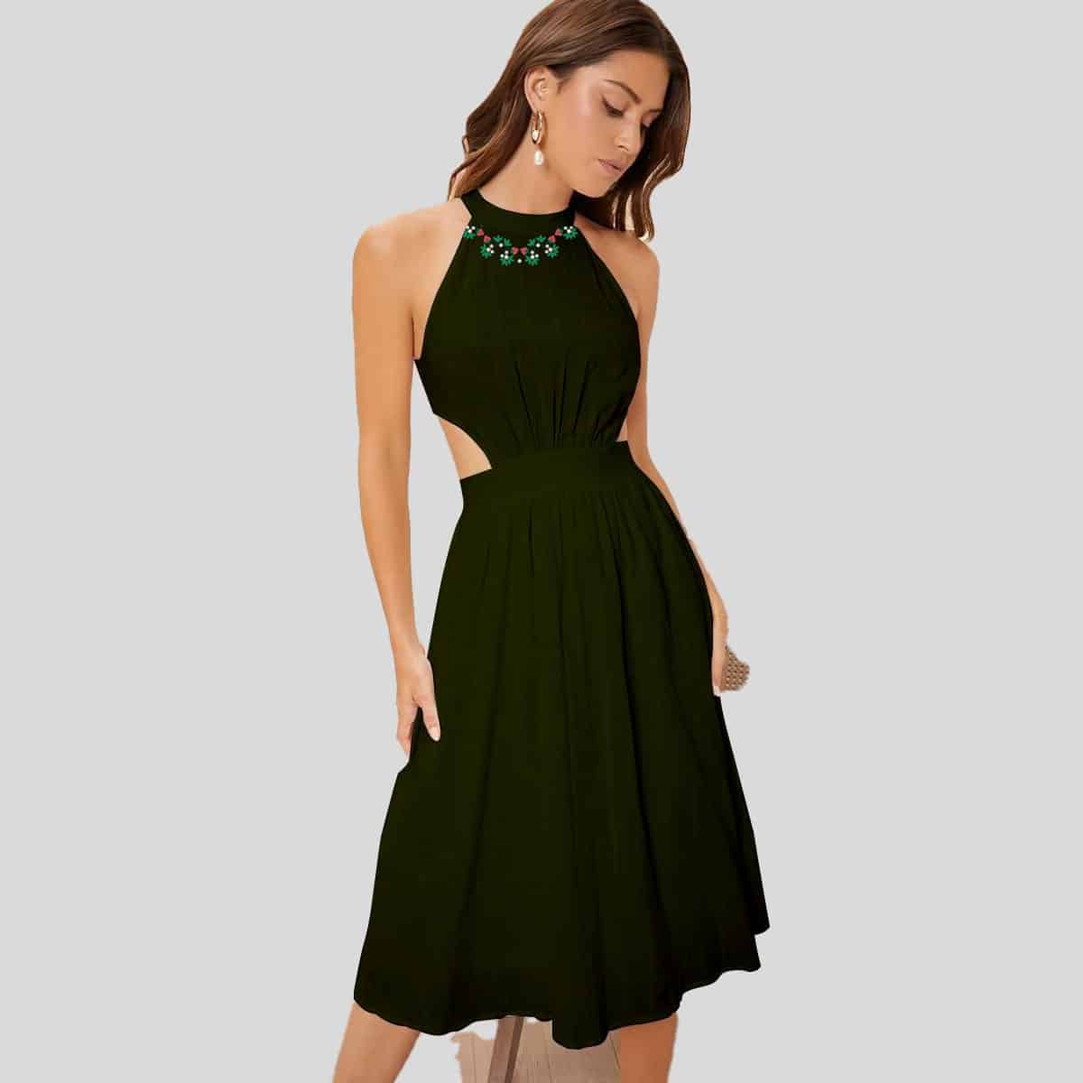 Seaweed Cut Out Waist Rucked Halter Dress-RCD016