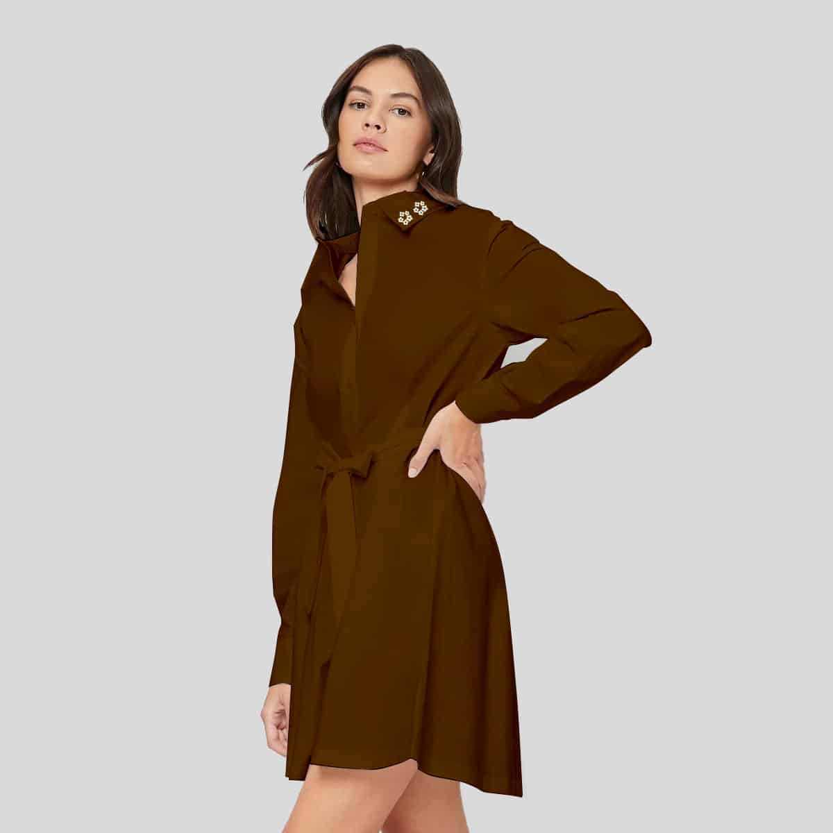 Syrup Brown Plicate Detail Belted Shirt Dress-RCD018