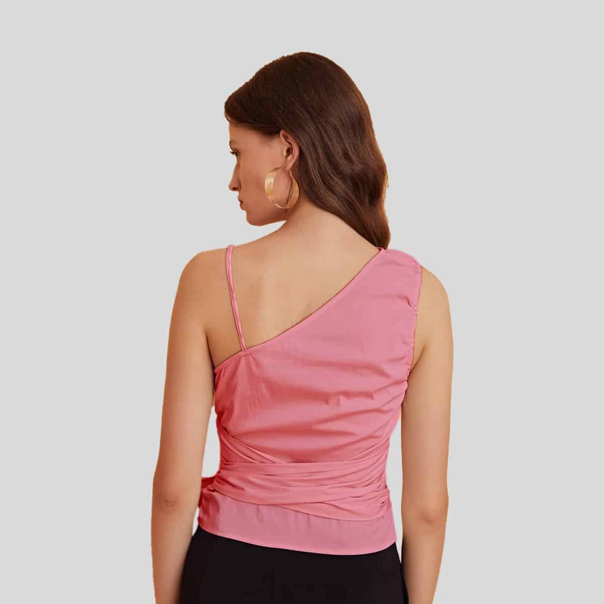 Baby Pink Solid Asymmetrical Neck Self Tie Top-RCT026