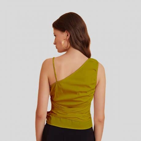 Mustard Yellow Solid Asymmetrical Neck Self Tie Top-RCT027