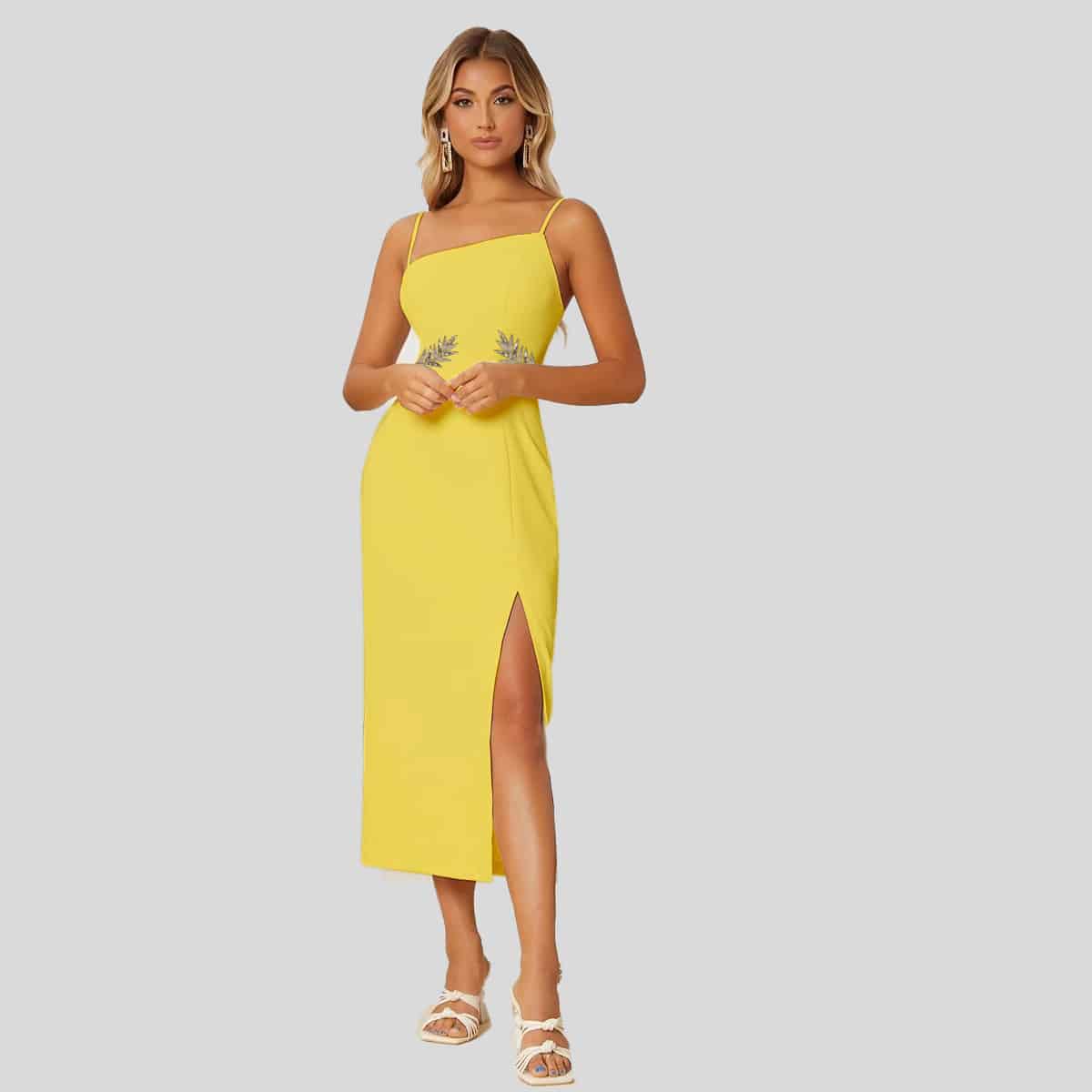 Corn Yellow Asymmetrical Neck Backless Split Thigh Dress-RED059A