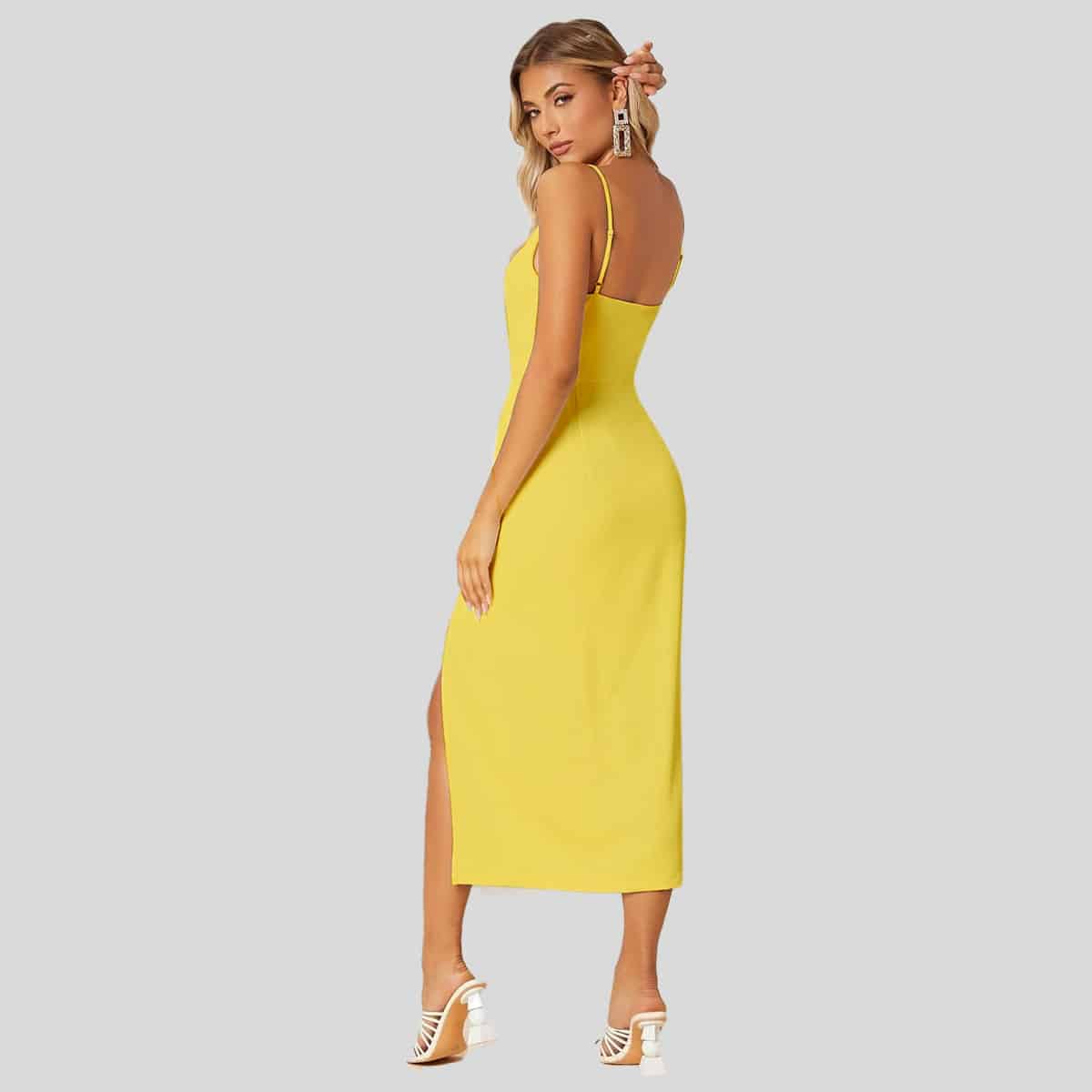 Corn Yellow Asymmetrical Neck Backless Split Thigh Dress-RED059A