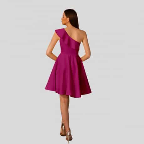 Fustian Pink One Shoulder Ruffle Fit & Flare Dress-RED060A