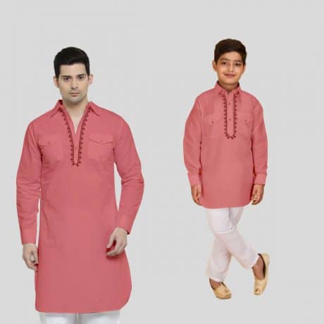 Peach Pink Colour Twinning Cotton Pathani Kurta-RKC002