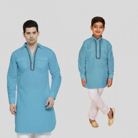 Light Blue Colour Twinning Cotton Pathani Kurta-RKC003