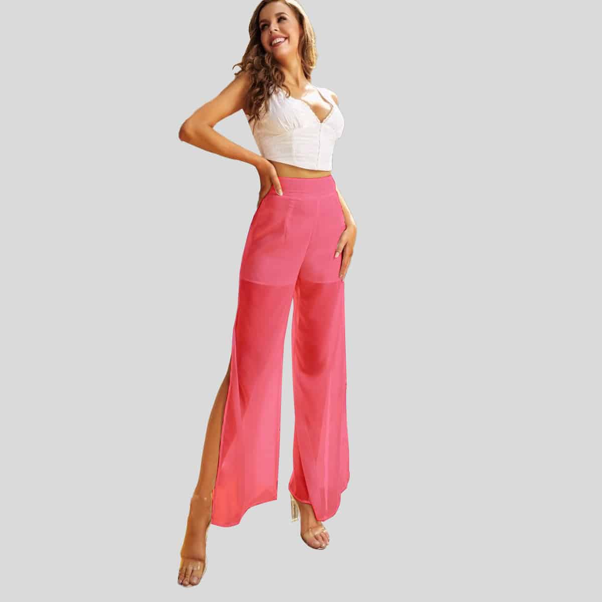 Punch Pink High Waist Split Thigh Wide Leg Pants-REP002