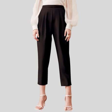 Black Elastic Waist Tape Detail Fold Pleated Cropped Pants-RCP003