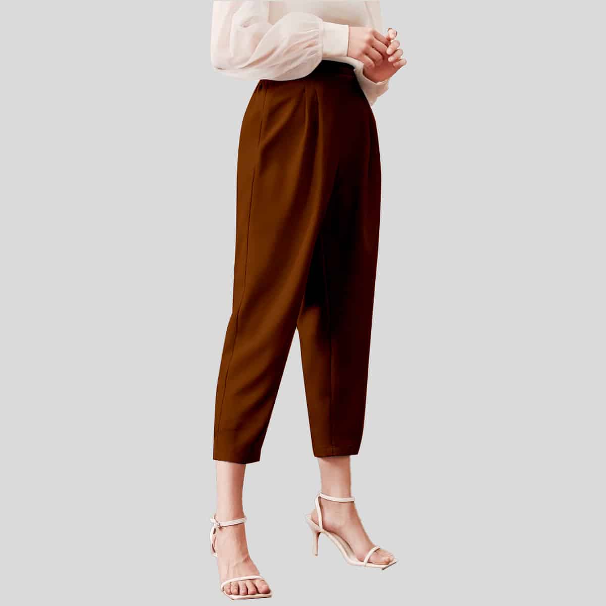 Ginger Bread Color Elastic Waist Tape Detail Fold Pleated Cropped Pants-RCP004