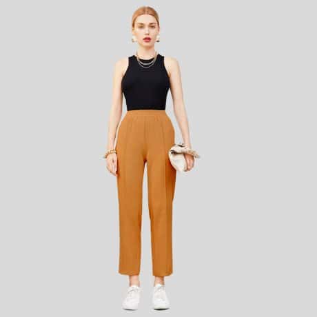 Sandstone Color Elastic Waist Seam Front Tapered Pants-RCP007