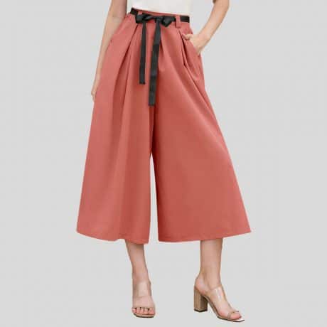 Pink High Waist Slant Pockets Plicate Belted Pants-RCP013