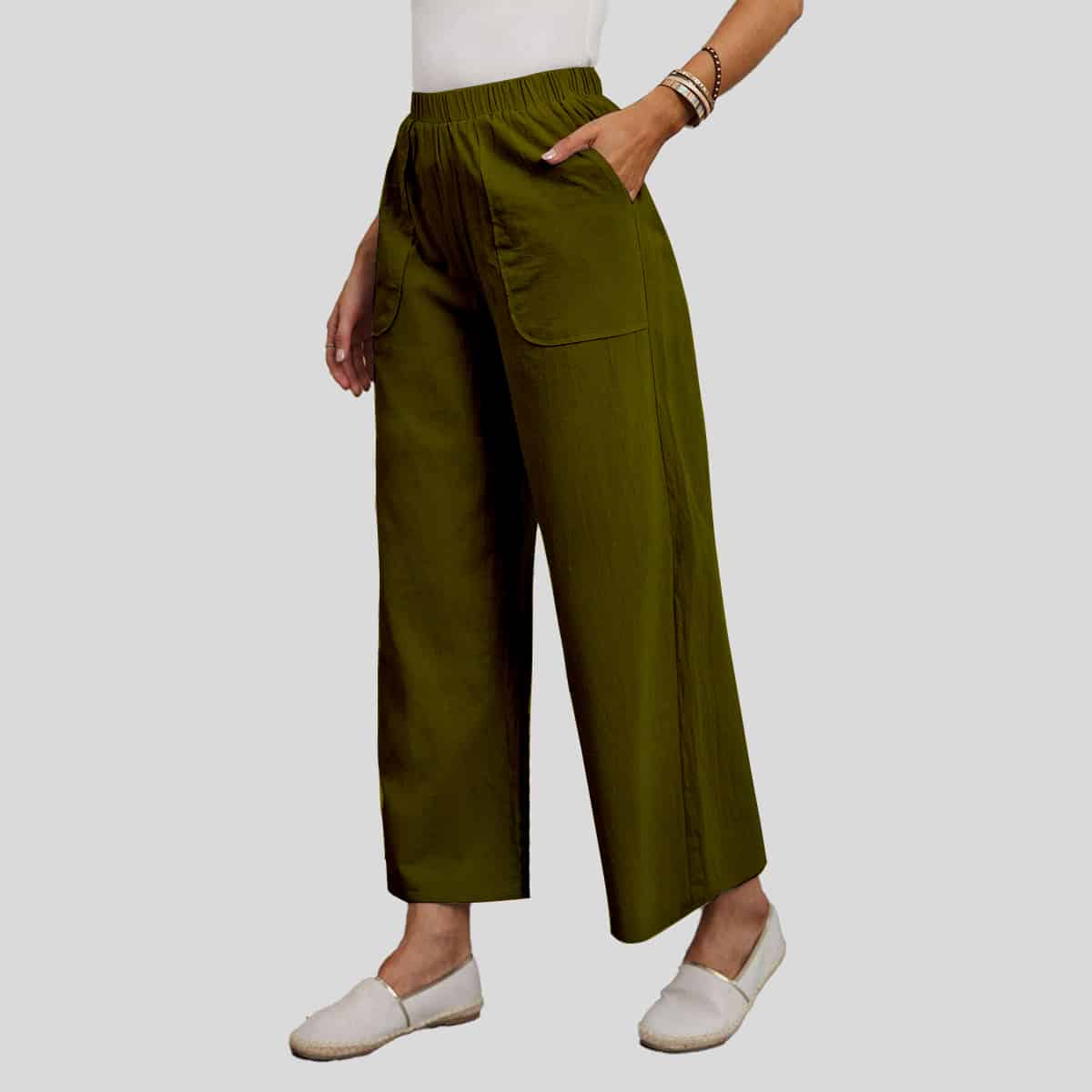 Fern Green Slant Pockets Wide Leg Pants-RCP016