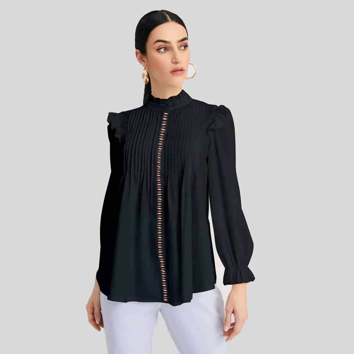 Black Pleated Shirt with Full Puff Sleeves-RCT068