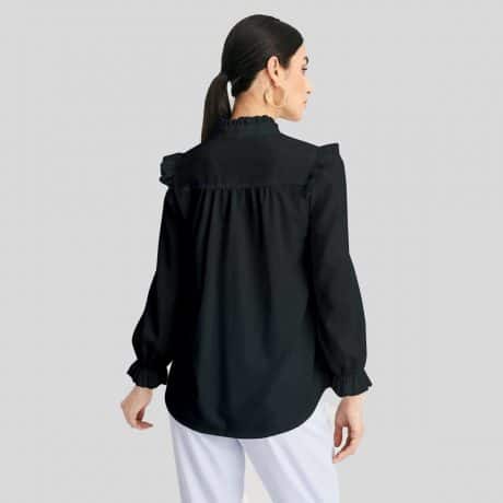 Black Pleated Shirt with Full Puff Sleeves-RCT068