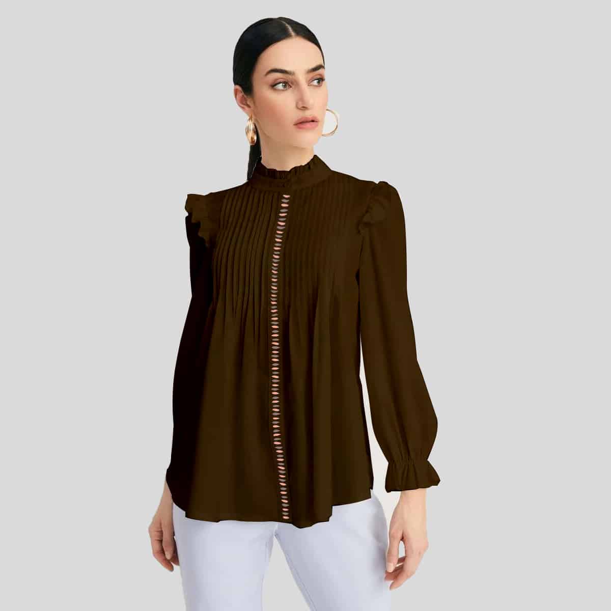 Brown Pleated Shirt with Full Puff Sleeves-RCT069