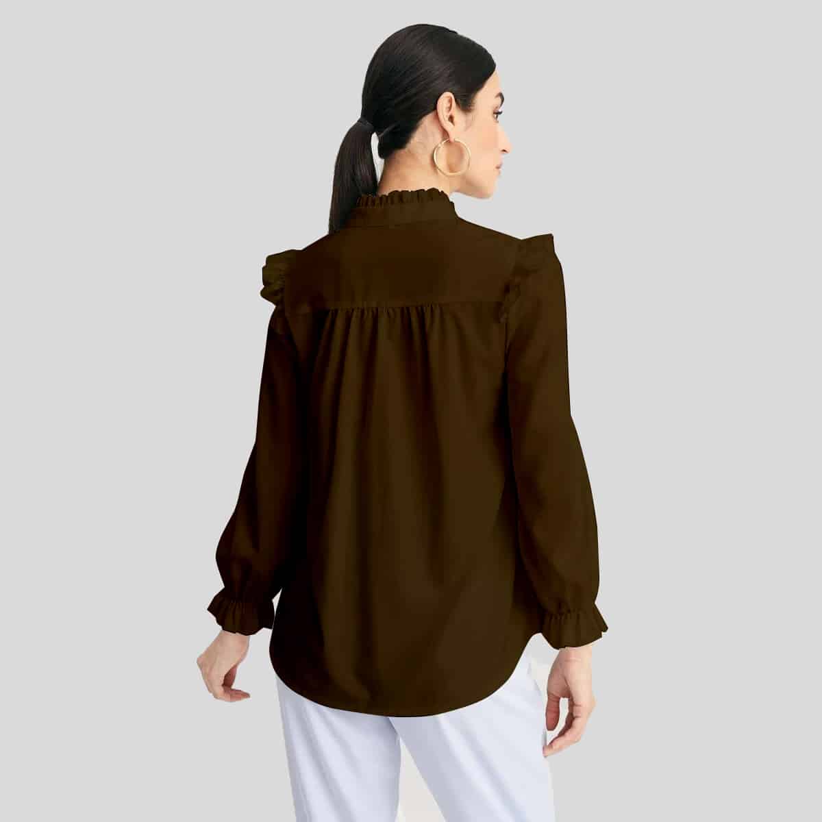 Brown Pleated Shirt with Full Puff Sleeves-RCT069