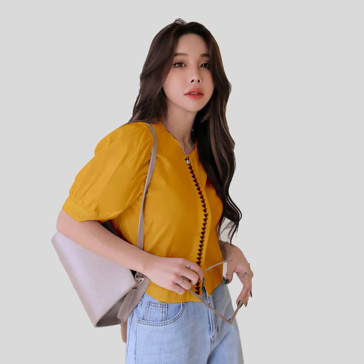 Beer Yellow Puff Sleeve Crop Blouse-RCT076