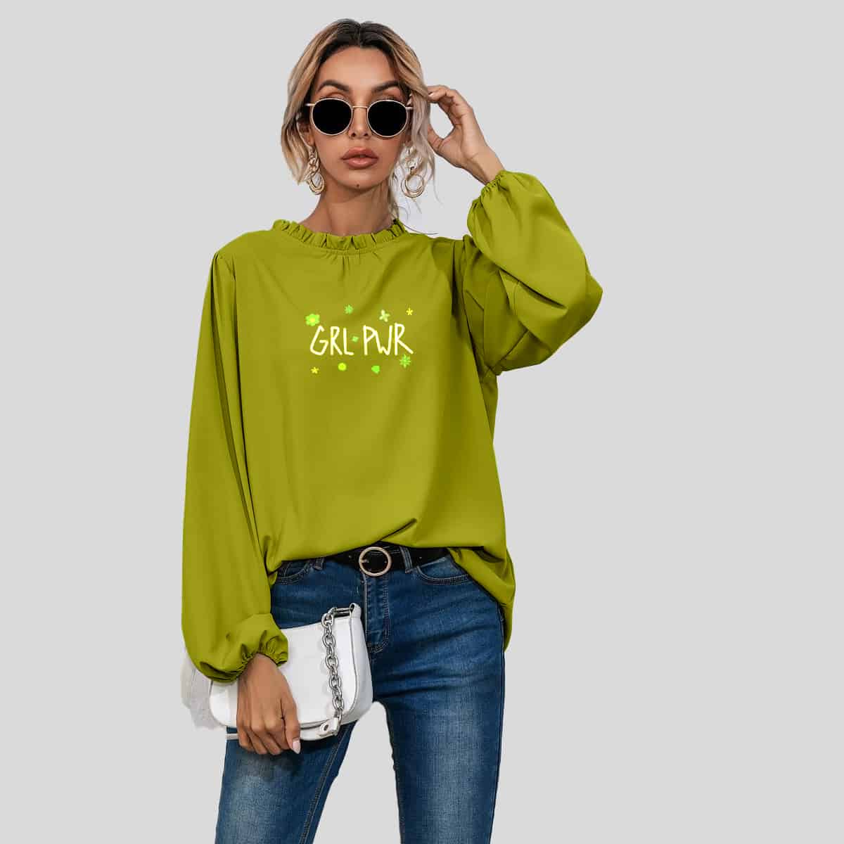 Sheen Green Frill Neck Bishop Sleeve Blouse-RCT081