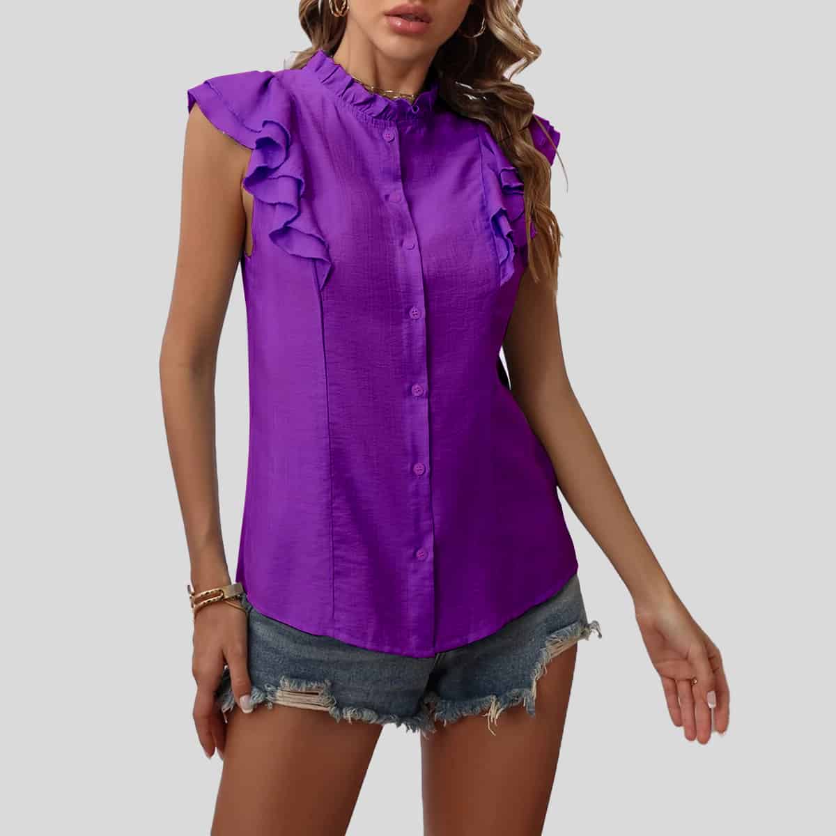 Purple Butterfly Sleeve Frill Neck Blouse-RCT082