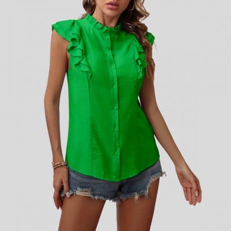 Green Butterfly Sleeve Frill Neck Blouse-RCT083